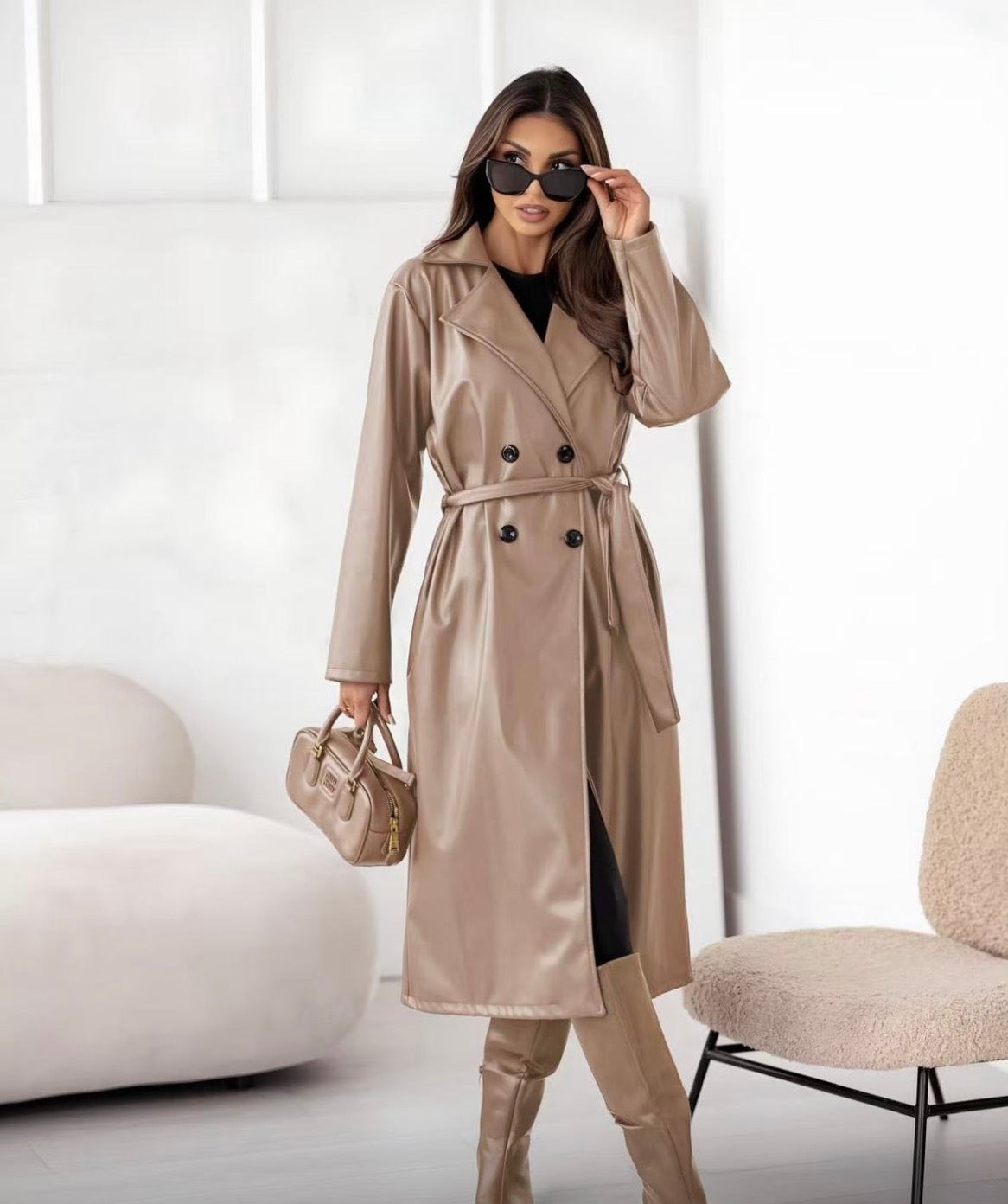 ROSY DAY LONG PU BELTED JACKET 7979